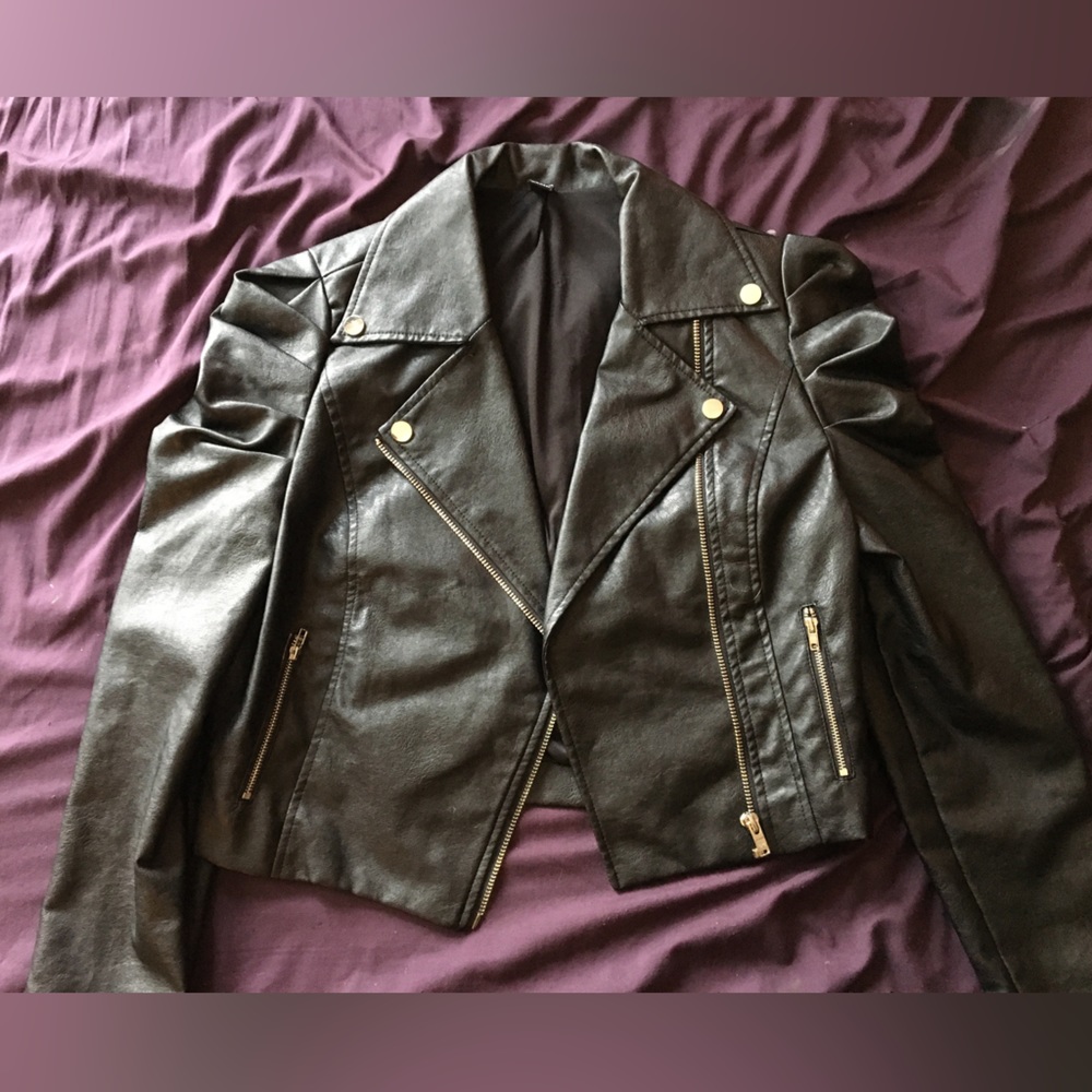 Black Pleather Biker Cut Jacket with Gathered Shoulders